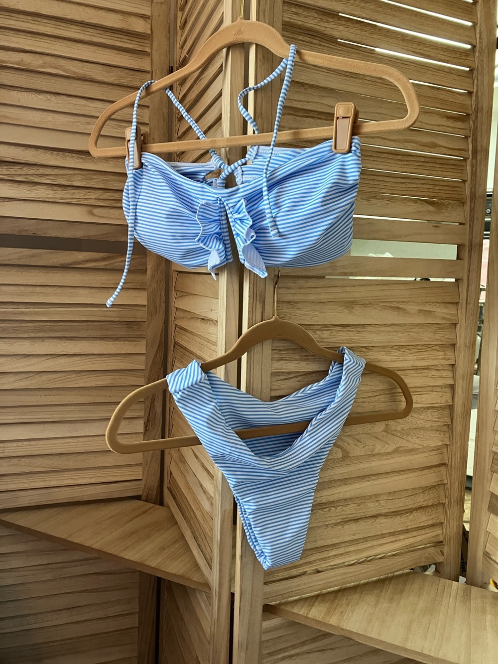 Zaful Light Blue and White Striped Ruffle Bikini Set Small NWOT